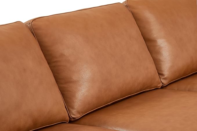 Valencia Grosseto 87” Cognac Tan Brown 3 Seater Full Leather Sofa | Mid Century Italian Nappa Leather Couch for Living Room Furniture | Double Stitched Seams, Removable Cushions