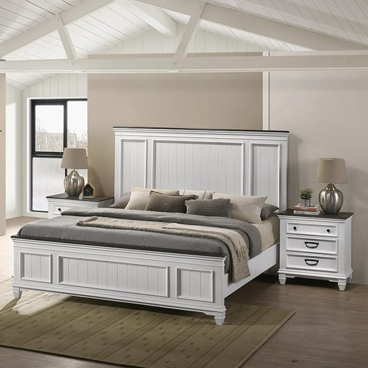 Roundhill Furniture Clelane 3-Piece Wood Bedroom Set, Bed and 2 Nightstands, Weathered White, King