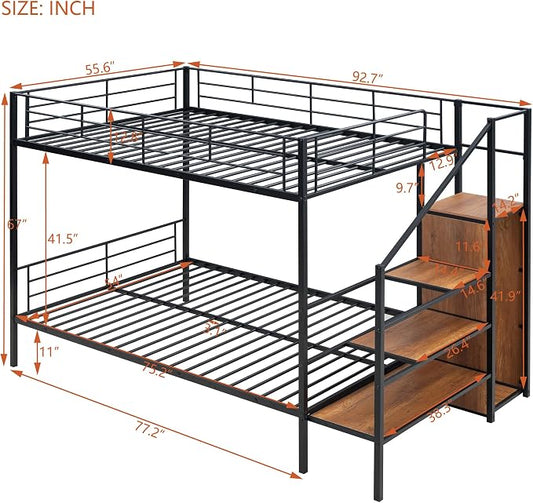 Bellemave Bunk Bed Full Over Full,Metal Bunk Bed with Storage Stairs and Wardrobe, Bunk beds for Adults/Kids/Teens, Black