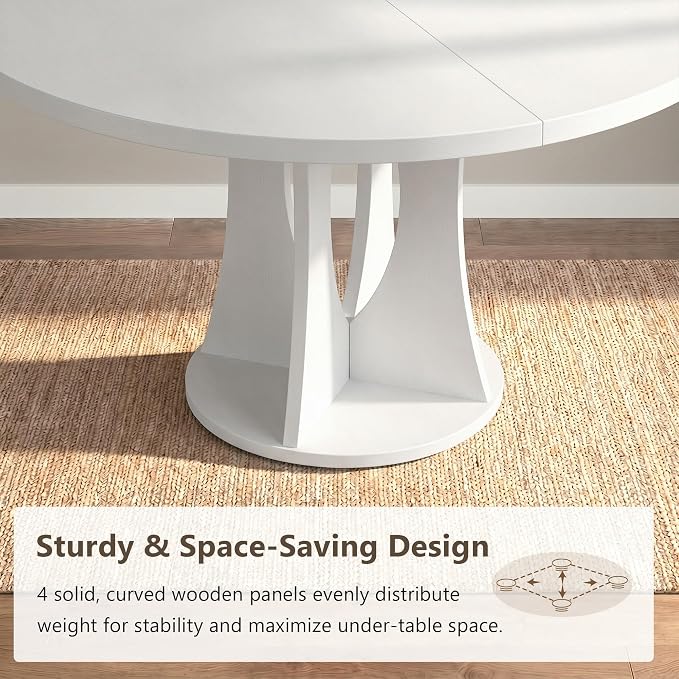 Einhomn 43-59" Extendable Round Dining Table, Kitchen Table for 4-8, Farmhouse Circle Dining Room Table with Removable Leaves, Hidden Storage, Space Saving Wood Kitchen & Dining Room Furniture, White