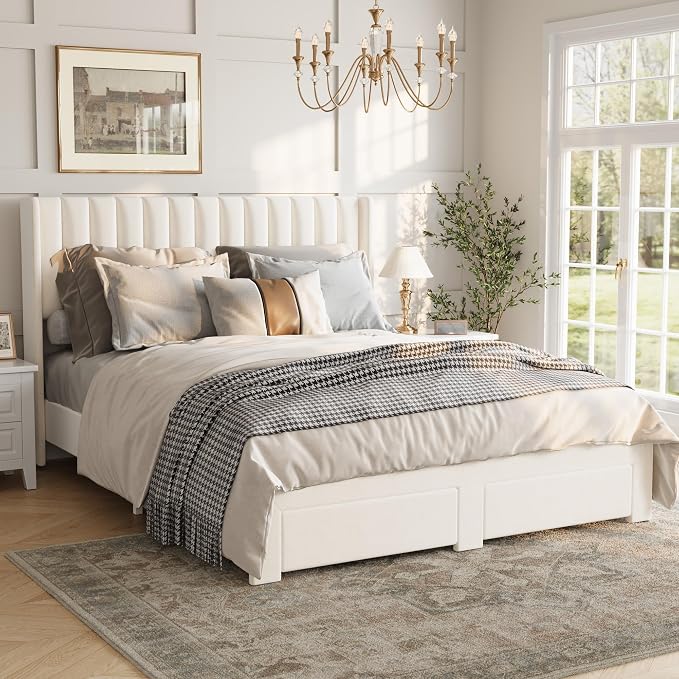 GAOMON Queen Size Upholstered Platform Bed Frame with 2 Under-Bed Storage Drawers, Velvet Wingback Headboard, No Box Spring Needed, Sturdy & Noise-Free, Ivory White