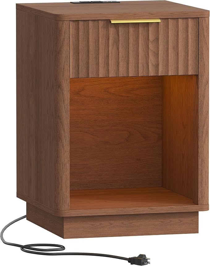 Akxomel Fluted Nightstand, Wooden Night Stand with Charging Station and LED Light, Modern Mid Century End Table with Drawer, 15" D x 15.7" W x 22.6" H, for Bedroom, Walnut