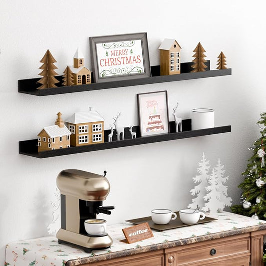 upsimples Floating Shelves for Wall, 35.5 Inch Shelves for Decor Storage Set of 6, Wall Mounted Wood Shelf for Bedroom, Living Room, Bathroom, Kitchen, Long Picture Ledge Shelves, Black