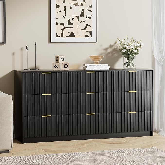 Furniway Black Dresser for Bedroom, Modern Dresser with 9 Drawers and Smooth Slides, Wide Chest of Drawers with Golden Handles for Bedroom, Living Room, Closet, 15.7" D x 63" W x 31.5" H