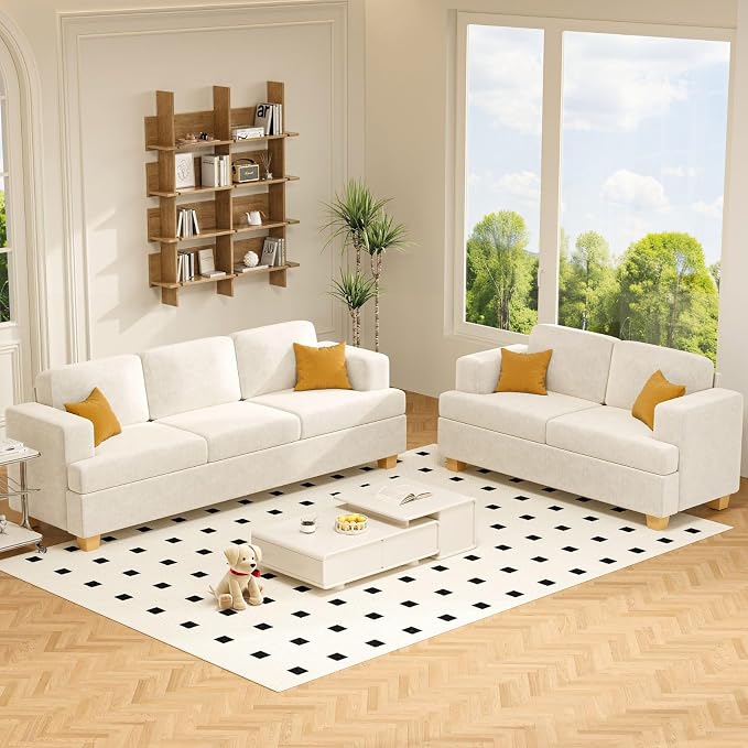 Apicizon Loveseat & 3 Seater Sofa Sets, 89" Couch Sofa Set for Living Room Furniture, 2 Piece Deep Seat Sleeper Sofa, Couch and Loveseat Sets for Apartment Lounge, Beige Chenille