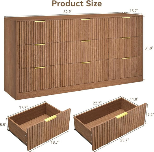 9 Drawer Dresser for Bedroom, 63" Wide Modern Fluted Chest of Drawers, Wooden Dresser with Gold Metal Handles, Mid Century Large Dresser TV Stand for Living Room Hallway Light Walnut