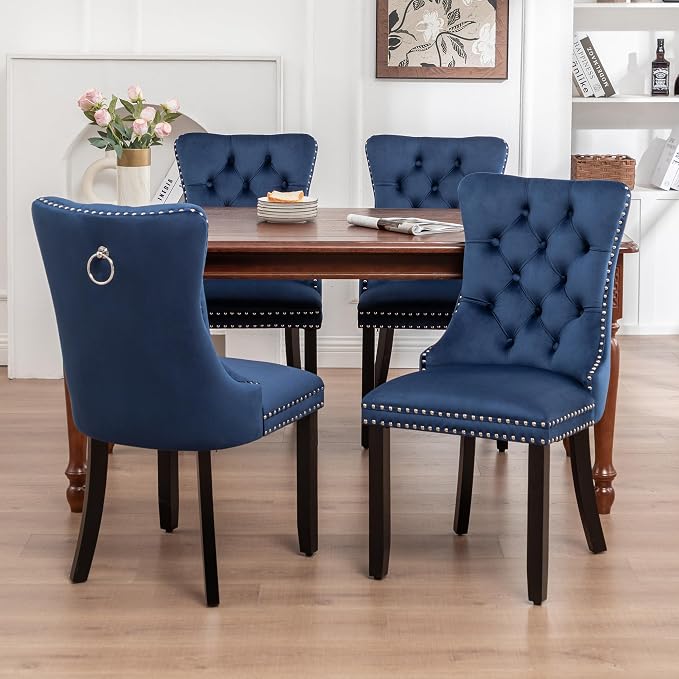 Mid Century Modern Dining Chair Set of 4 Velvet Upholstered Dining Accent Chair Farmhouse Dining Chairs with High Back and Nailhead Trim for Kitchen, Living Room, Bedroom (Blue)