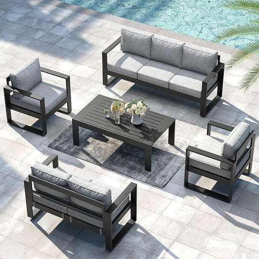 LayinSun Outdoor Patio Aluminum Chair, Metal Modern Armchair Set of 2 with Washable Thick Cushions