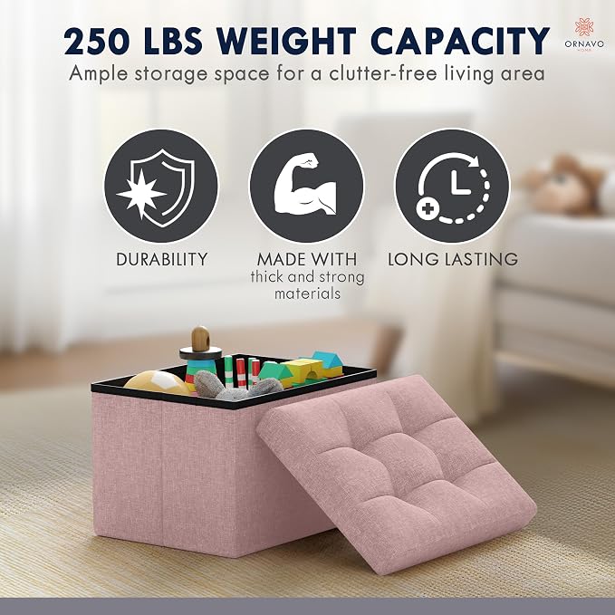 Ornavo Home Small Storage Ottoman, Set of 2, Foldable Collapsible Rectangle Linen Ottoman Foot Rest Stool Seat, for Living Room, Bedroom, Home Office, Dorm - 12 x 16 x 12, Pink