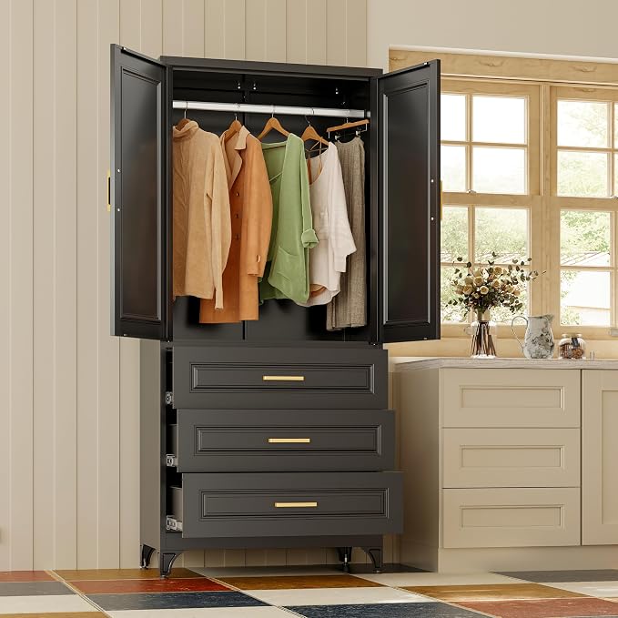 Metal Wardrobe Cabinets with 3 Drawers,Black Armoire Wardrobe Closet with Hanging Rod,Clothes Storage Cabinet with Adjustable Shelves and Doors,Clothing Cabinet for Bedroom,Laundry Room