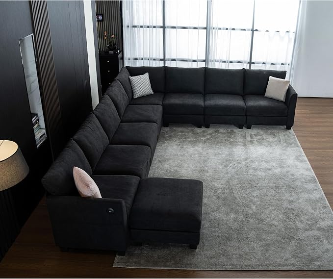 150.4" Large Sectional Couches for Living Room, 8 Seater L Shaped Modular Sectional Sofa with Storage Ottoman & USB, Oversized Corner Couch for Living Room(Black)