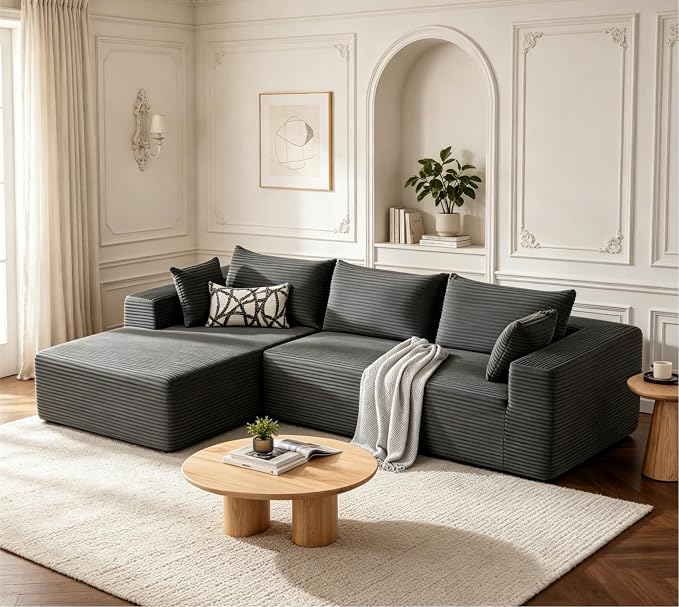 MANGODAN 110” Cloud Sectional Couch, Boneless Sofa for Living Room, Modular Sectional Sofa with Deep Seat, Comfy Fluffy Couch with L-Shaped Chaise, No Assembly Required (Left-Facing Chaise, Dark Grey)