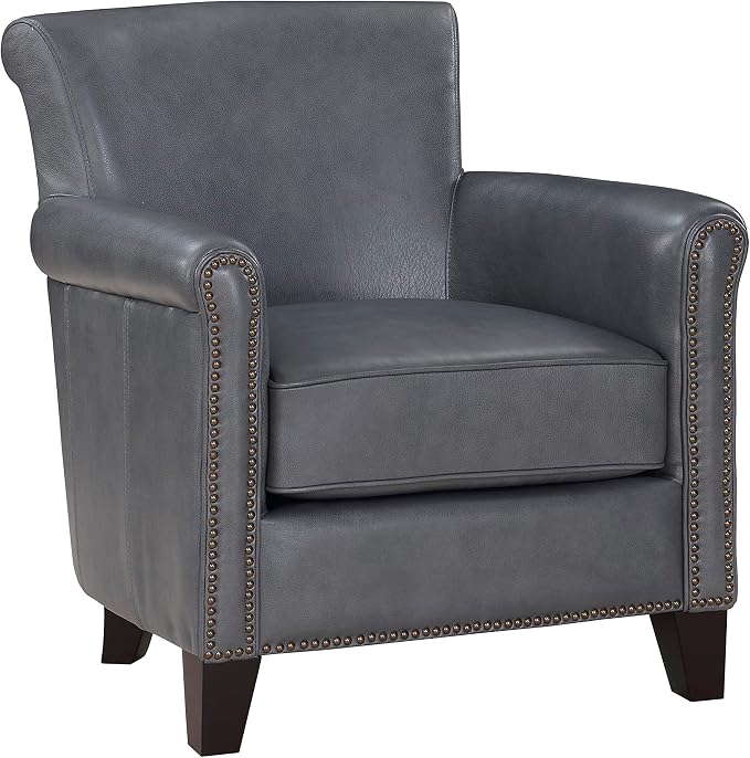 Lexicon 100% Top Grain Genuine Leather Chair, Leather Accent Chairs for Living Room, Solid Wood Frame, Rolled Armrest & Nailhead Trim, Comfy Reading for Bedroom, Office, Waiting Room, Burnish Gray