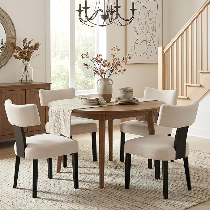 HNY Mid Century Modern Farmhouse Dining Chairs Set of 2, Linen Upholstered Accent Chair Curved Backrest Kitchen Chairs, with Black Hardwood Frame, Beige