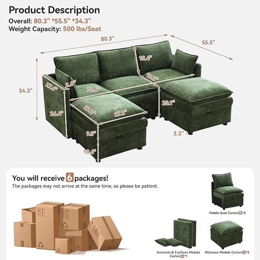 80" Cloud 3 Seater Sectional Modular Couch with 2 Storage Ottoman, Upholstered Storage Sofa Deep Seat, Chenille U Shape Sofa Comfy Couches with Armrests for Small Space, Living Room, Green