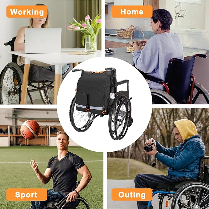 samdew Large Wheelchair Bag to Hang on Back, Wheelchair Accessories Backpack for Adult & Senior, Wheelchair Pouch with Medicine Storage Insulation Pocket & Shoulder Strap, Bag Only