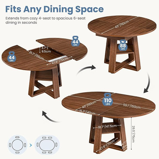 DUMOS Extendable Round Dining Table for 4-6, Modern Kitchen Oval Dinner Table with Storage Shelf, Wood Pedestal Base, Space Saving Modern Style, Brown