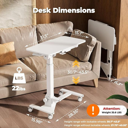JOY worker Foldable Mobile Standing Desk, 180Β° Tiltable Overbed Bedside Table with 4 Lockable Wheels, 31.5" Height Adjustable Rolling Laptop Desk for Home & Hospital Use, Easy Storage, White