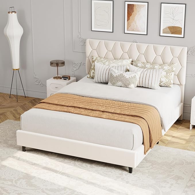 GAOMON Beige Queen Bed Frame with Upholstered Headboard, Heavy-Duty Platform Bed Frame with Strong Wood Slats, No Box Spring Needed/Noise Free/Easy Assembly