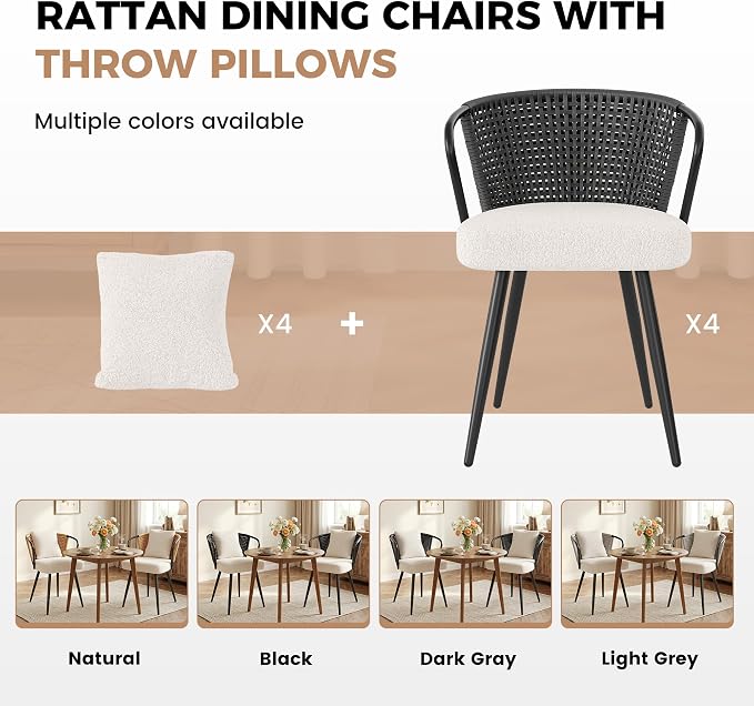 Rattan Dining Chairs Set of 4, Modern Upholstered Kitchen Chair with Metal Legs, Ergonomic Curved Backrest, Mid Century Living Room Chairs with Throw Pillow, Black