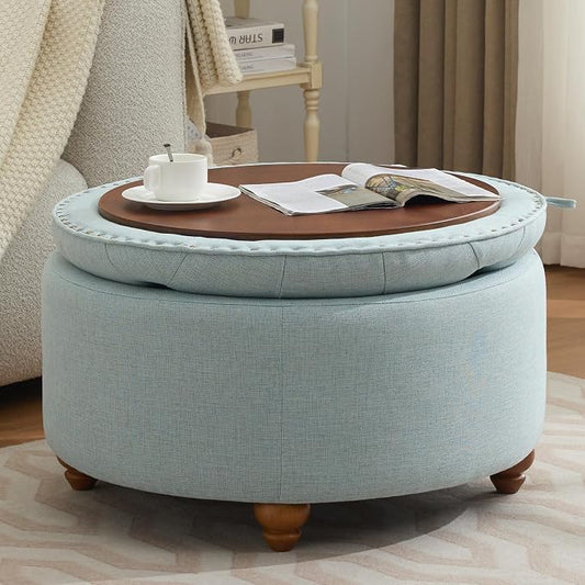 WUTUTUEE 30Inch Round Storage Ottoman with Tray, Modern Tufted Fabric Circle Coffee Table with Storage, Upholstered Ottoman with Removable Top for Living Room, Bedroom, Light Blue