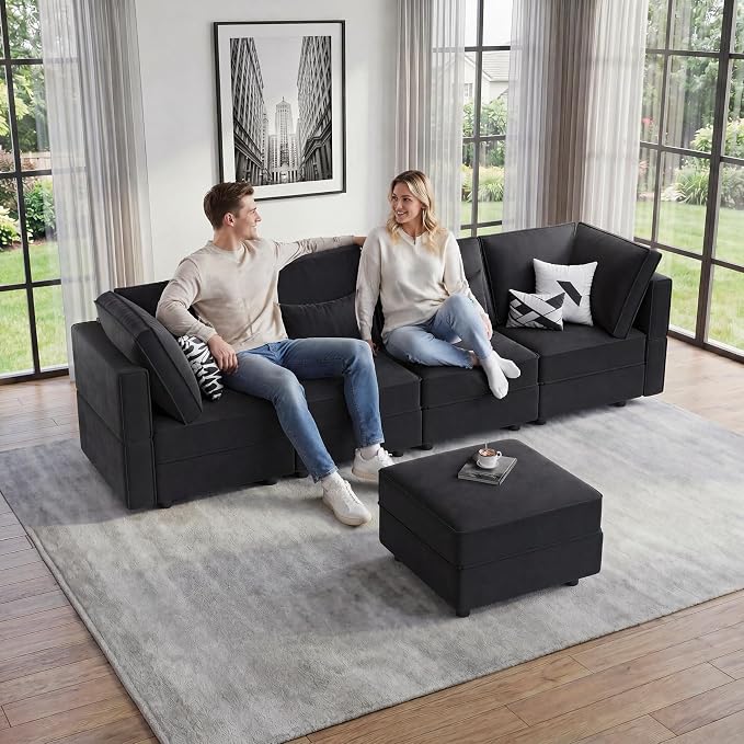 Vesgantti Sectional Couches with Storage Seats, 118" L Shaped Convertible Modular Sectional Sofa, 4 Seat & 1 Ottoman Velvet Storage Chaises Deep Seat Couch for Living Room, Bedroom, Apartment, Black
