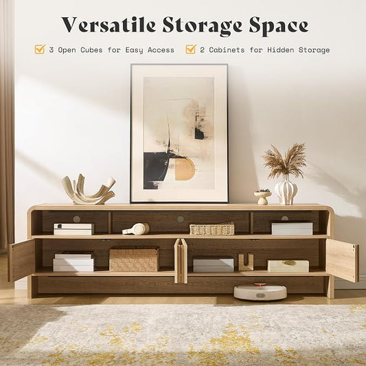 AMERLIFE Modern TV Stand for TVs up to 80", 70 inch Fluted TV Console with Storage Cabinets, Wood Entertainment Center Media Console for Living Room, Natural Oak
