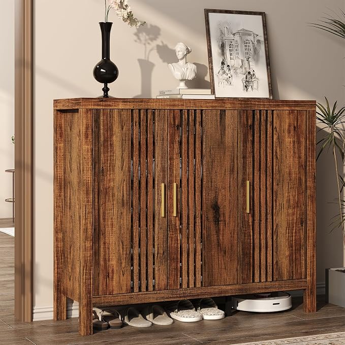 UNIQUITE Wooden Shoes Cabinet with 3 Doors and Adjustable Shelves, Retro Freestanding Shoe Organizer Cabinet for Entryway Hallway Living Room, 5-Tier Shoe Cabinet for 30 Pairs, Dark Walnut