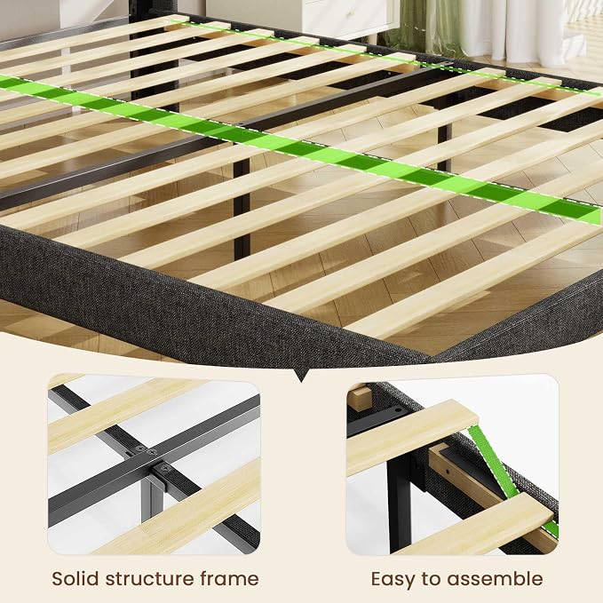 Driftalia LED King Size Bed Frame with 2 Storage Drawers, Upholstered King Bed Frame with Headboard and Charging Station, No Box Spring Needed, Easy to Assembly-Dark Grey