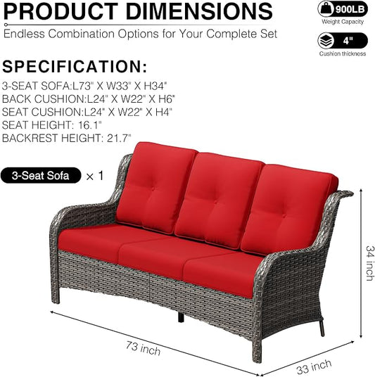 Joyside Outdoor Patio Couch, 3 Seater Outdoor Wicker Sofa with High Back, Deep Seating, Wide Armrest, Thickened Cushions, Patio Sofa for Deck, Porch Use