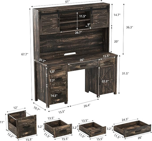 LUMISOL Farmhouse Executive Desk with Hutch and Charging Station, Computer Desk with 2 Sliding Barn Doors, 5 Drawers and Storage Cabinet with 3-Position Adjustable Shelf, Rustic Grey