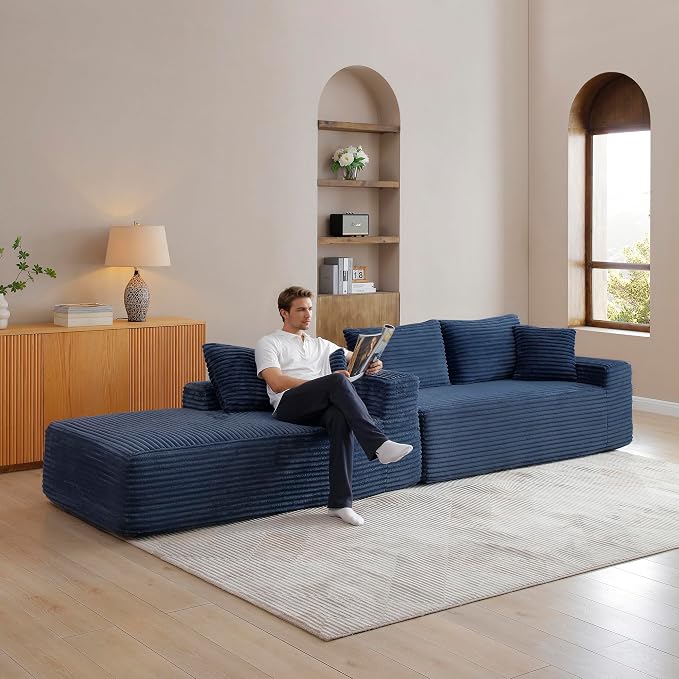 105-Inch L-Shaped Left Facing Corner Compressed Sofa Modular Sectional Boneless Cloud Sofa Floor Foam Couch with Chaise Lounge, Corduroy Corner Boneless Cloud Couch