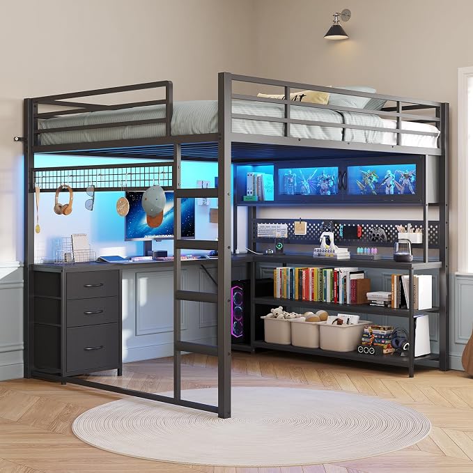 ADORNEVE Gaming Loft Bed Full Size with L-Shaped Desk, Arcylic RGB Hutch & Safety Power Outlet, Metal Loft Bed Frame with Storage Drawer, Shelves, Safety Guardrail, Space Saving for Teens, Black