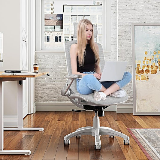 GABRYLLY Ergonomic Office Chair, High Back Home Desk Chair with Headrest, Flip-Up Arms, 90-120° Tilt Lock and Wide Cushion, 300LBS Mesh Chairs for Man Woman, White Task Chair(Grey,GY01WG)