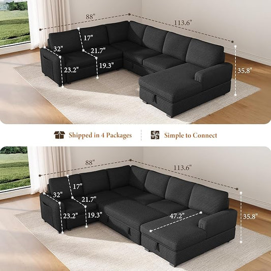 Vesgantti 113.6" Modular Sectional Sofa with Pull Out Couch Bed, 7 Seater U Shaped Sleeper Sofa with Storage Chaise, Corduroy Sectional Couch for Living Room, Bedroom, Apartment, Black