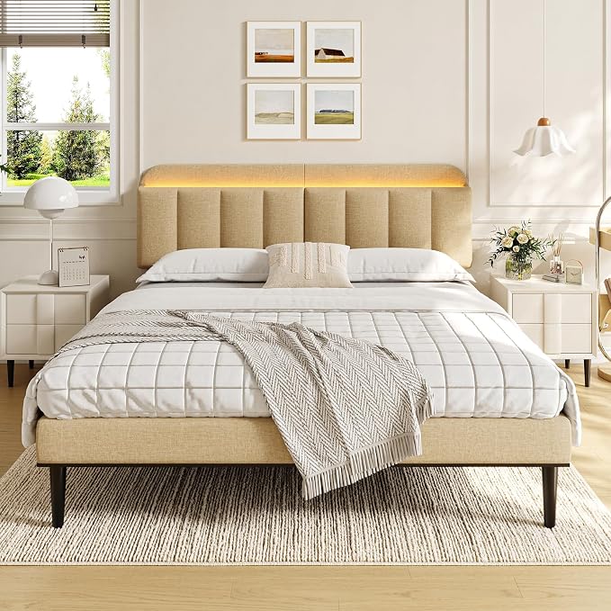 Adjustable Headboard for King/California King Size Bed Frame, Linen Fabric Bed Headboard with Storage & RGB LED Light in Modern Vertical Channel Design, Beige