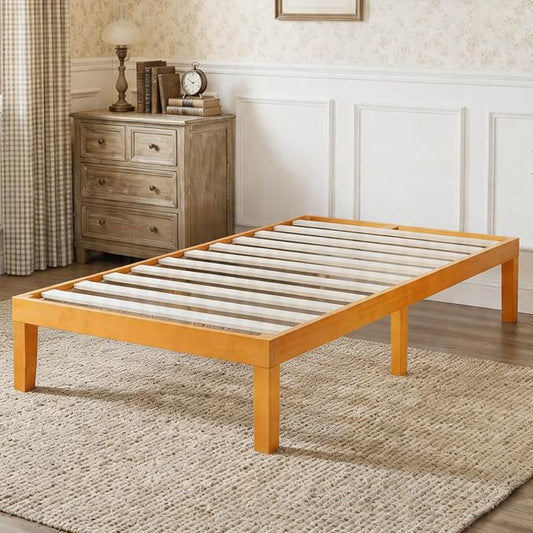 Sweetcrispy Twin Size Bed Frame 14 inch Heavy Duty Platform Bedframe, 500 lbs Capacity, Underbed Storage, No Box Spring Needed, Wooden Slats, Easy Assembly with Velcro, Honey Finish