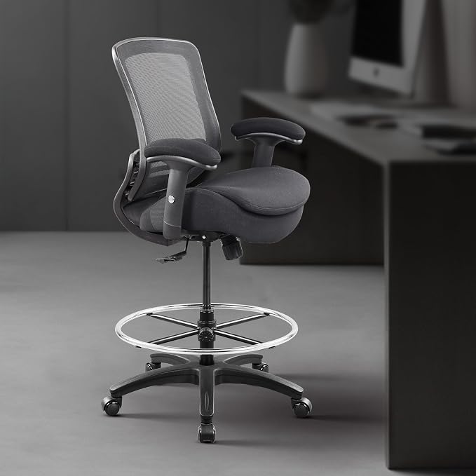 BOLISS 400lbs Ergonomic Office Drafting Chair Mid Mesh Back for Height Adjustable Desk 21inch Foot Ring Height Adjustable Armrest (Black) 