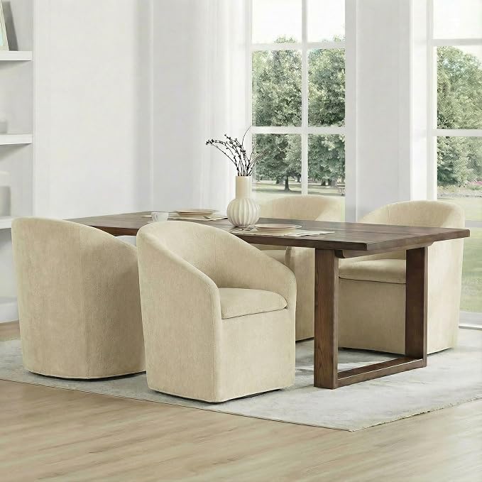 KISLOT Upholstered Dining Chairs Set of 2 with Casters, Modern Side Barrel Armchair with Washable Slipcover & Sturdy Metal Frame for Diningroom Bedroom Livingroom Reading Room, Sand Fabric