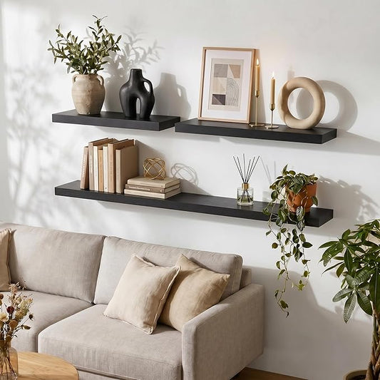 fuqing 24" x 6.7" x 1.4" Black Floating Shelves Set of 2, Rustic Black Wood Shelves for Living Room Bathroom, Hardware Included, 40 Lbs, Invisible Brackets