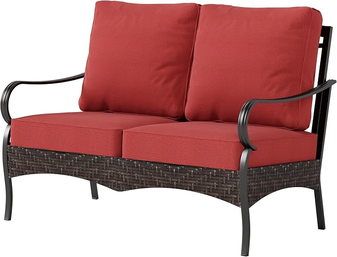 PHI VILLA Wicker & Metal Outdoor 2-Seat Patio Couch,Patio Sofa Loveseat with Deep Seating for Front Porch, Deck, Balcony, Backyard, Sunroom,Red