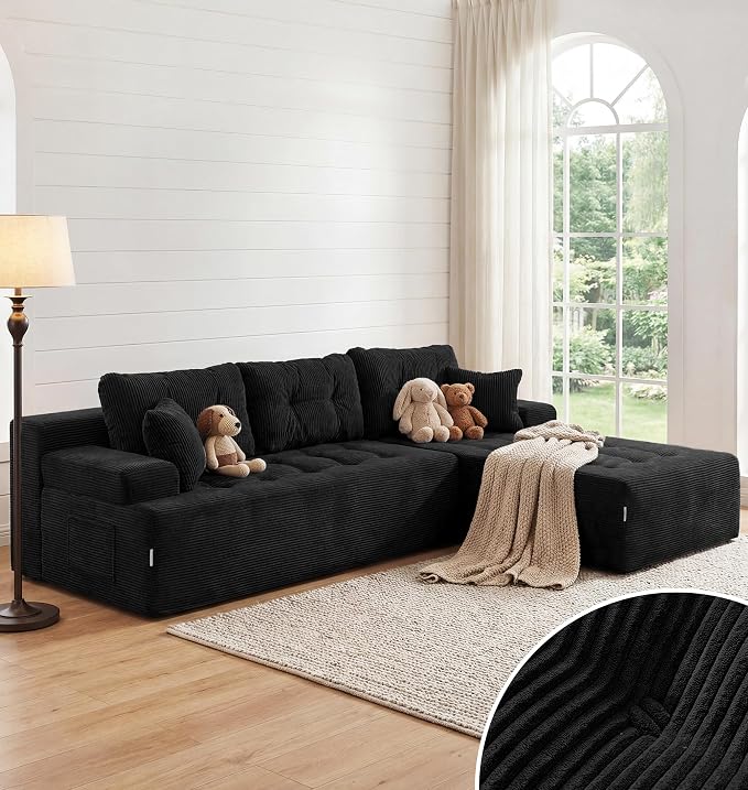 Hobestluk Modular Sectional Sofa Couches L-Shape Couch 3 Seat Modular Sofa Memory Foam Sectional Couches for Living Room, Cloud Couch (Ebony Corduroy, 108", Right Hand Facing)