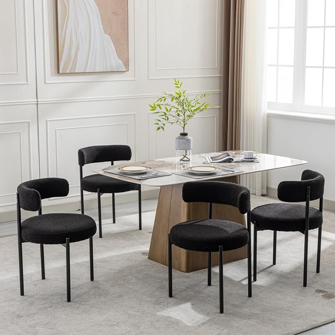 Boucle Dining Chairs Set of 2, Black Dining Chairs with Upholstered Seat and Round Back, Mid-Century Modern Kitchen Chairs for Dining Room, Restaurant