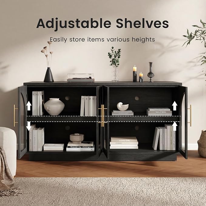 Fatmok Arden Collection 3-Piece Display Cabinet Set, 59" Arched Buffet Cabinet with Glass Doors and 3 Drawer Storage Cabinets, Adjustable Shelves and Spacious Storage for Living Room,Black Grey