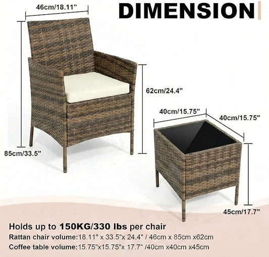 3 Piece Outdoor Patio Furniture Set, All-Weather Brown Wicker Rattan Conversation Set with Cushions, Chairs & Coffee Table for Porch, Backyard & Balcony