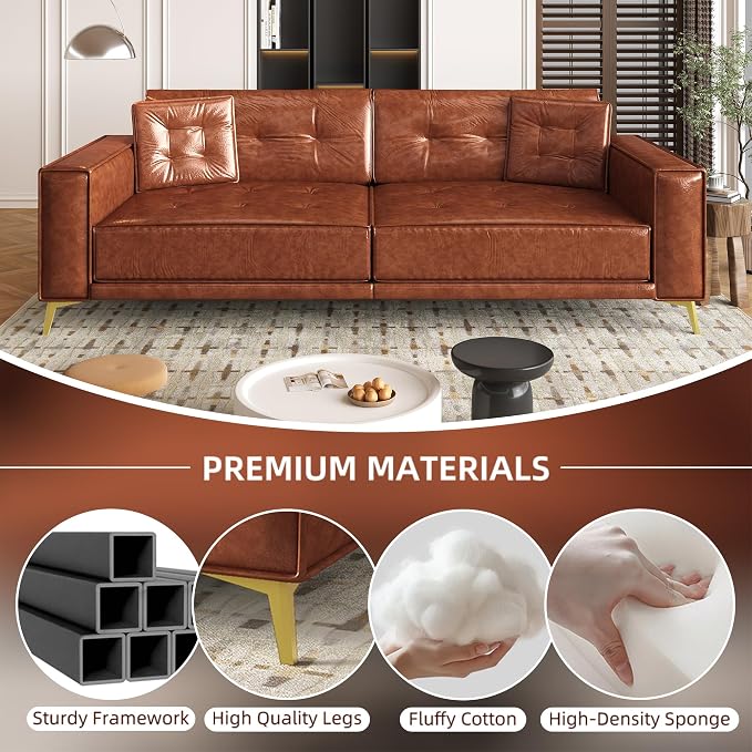92.1'' Pull Out Sofa Bed King, Faux Leather Futon Couch, 3-in-1 Convertible Sleeper Sofa with Tufted Back, Gold Furniture Legs, Deep Loveseat for Living Room, Apartment, Office, Light Brown