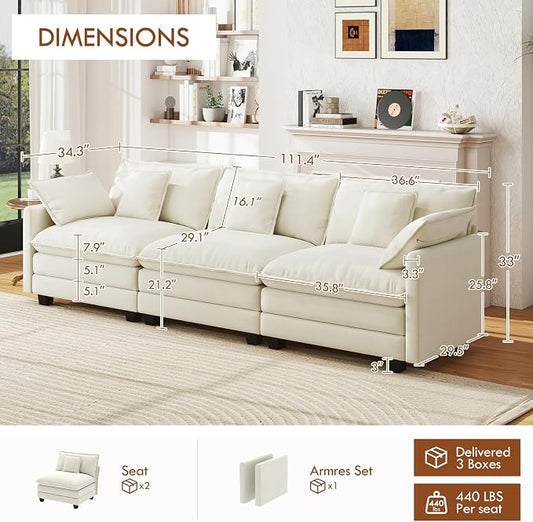 111.4” Cloud Couch Modular Sectional Sofa, Comfy Modern 3-Seater Couches with Pillows & Upholstered Deep Seat Cushion for Apartment Living Room Bedroom (Beige)
