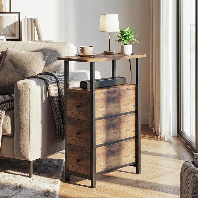LOAKEKEL Narrow End Tables Living Room Set of 2 with Charging Station, Skinny Side Table with Fabric Drawers, Slim Nightstand for Bedroom, Small Spaces, Couch, Rustic Brown, HETNDP03PBR