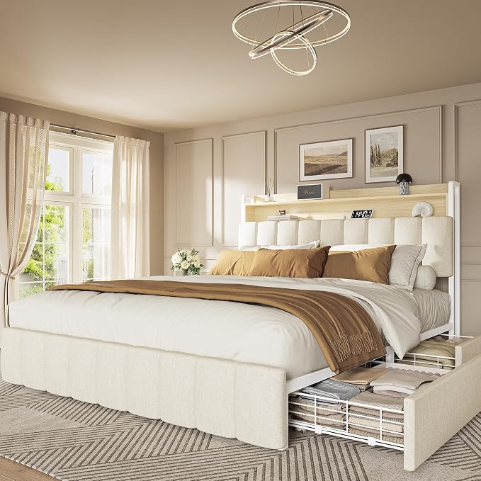 PRAISUN Bed Frame Queen Size with Upholstered Headboard & Charging Station, Queen Bed Frame with 4 Storage Drawers, 2-Tier Open Shelves, No Box Spring Needed, Slient Foam Strip, Easy Assembly, Beige