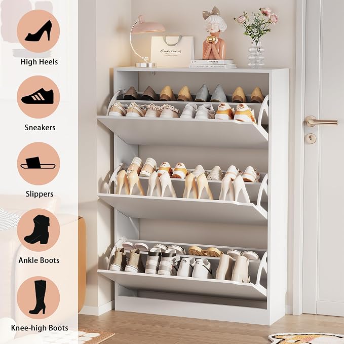Shoe Storage Cabinet, Wood Shoe Organizer for Entryway with 3 Flip Drawers, Freestanding Shoe Rack with Adjustable Shelf, Narrow Shoe Dresser for Front Door Entrance (White, 3 Drawers)
